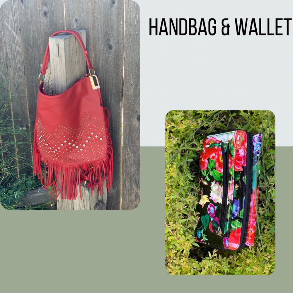NWOT red long fringe & studs vegan hobo bag & Mundi floral organizer wallet